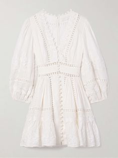 ZIMMERMANN Pop appliquéd guipure lace-trimmed linen mini dress Elegant Wedding Dresses With Broderie Anglaise, Off White Lace Trim Dress For Garden Party, Elegant Lace Day Dress, Elegant Lace Dress With Broderie Anglaise, Elegant Off White Dress With Lace Trim, Cream Lace Dresses With Intricate Embroidery, Elegant Off-white Dress With Lace Trim, Cream Lace Dress With Intricate Embroidery, Fitted Cream Dress With Broderie Anglaise