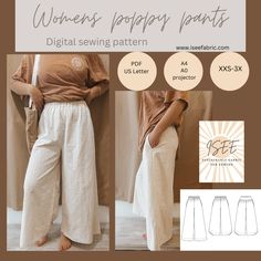 Women's Poppy Wide Leg Pants Sewing Pattern - Isee fabric Korean Sewing Patterns Free, Free Sewing Patterns For Women Pants, Loose Pants Sewing Pattern, Wide Leg Linen Pants Pattern, Diy Linen Pants Pattern, Wide Leg Linen Pants Sewing Pattern, High Waisted Wide Leg Pants Pattern, Wide Pants Sewing Pattern, Easy Wide Leg Pants Pattern