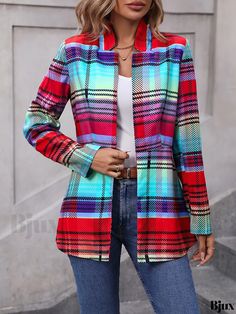 Bjux - Stylish Plaid Print Open Front Jacket for Women - Casual Long Sleeve Color Block Outerwear Yellow Case, Open Front Jacket, Jacket For Women, Plaid Print, Front Open, Color Block, Casual Women, Collar Styles, Size Chart