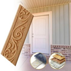 an image of decorative wood panels in front of a door and brick wall with the same pattern