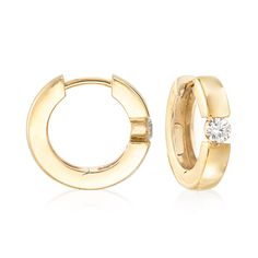 Ross-Simons - .25 ct. t. w. Diamond Hoop Earrings in 14kt Yellow Gold. 1/2". All you need is a touch of sparkle. Our small 14kt yellow gold hoops present .25 ct. t. w. round brilliant-cut diamonds at each center for that just-right amount of glitter. Hanging length is 1/2". Hinged post, diamond hoop earrings. Diamond birthstones are the perfect gift for April birthdays. Modern Round Cut Huggie Earrings For Formal Events, Modern Huggie Earrings For Formal Occasions, Classic Hoop Earrings With Single Round Cut Diamond, Formal 14k Gold Huggie Earrings With Single Diamond, Formal Single Diamond Hoop Earrings, Classic Small Hoop Huggie Earrings With Brilliant Cut, Classic Huggie Earrings With Single Diamond, Classic 14k Gold Hoop Earrings With Single Diamond, Classic Single Diamond Huggie Earrings