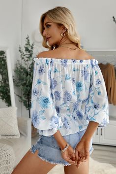 Sky Blue Floral Print Off The Shoulder Blouse Puff Sleeves Blouse, Off The Shoulder Blouse, Striped Short Sleeve Shirt, Tie Neck Tops, Blush Flowers, Casual Summer Tops, Flowers Bloom, Blue Floral Print, Roll Up Sleeves