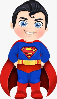 a cartoon boy dressed as superman with blue eyes and a red cape on his chest