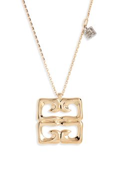 Fluid streams of goldtone plate form the cutout 4G logo pendant that swings from this lengthy chain necklace punctuated by a dainty 4G-cube charm. Goldtone plate/silvertone plate Made in Italy Modern White Gold Jewelry With Logo Charm, Gold-tone Necklace With Logo Charm For Formal Events, Formal Gold-tone Necklace With Logo Charm, Formal White Gold Necklace With Logo Charm, Gold-tone Jewelry With Logo Charm For Formal Occasions, Modern Jewelry With Logo Charm For Gifts, Elegant Gold-tone Chain Necklace With Logo Charm, Gold Metal Necklace With Logo Charm, Elegant Gold-tone Necklace With Logo Charm