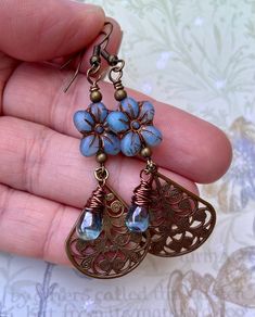 Blue Flower Earrings, Vintage Style Earrings, Floral Jewelry, Antique Brass Vintaj Teardrop Charms, Unique Jewelry for Women, Gift for Her - Etsy Vintage Bronze Teardrop Earrings, Nickel Free Teardrop Metal Flower Earrings, Nickel-free Metal Teardrop Flower Earrings, Vintage Nickel-free Dangle Teardrop Earrings, Vintage Nickel-free Teardrop Dangle Earrings, Vintage Gold Teardrop Flower Earrings, Vintage Copper Teardrop Earrings, Gold Vintage Teardrop Flower Earrings, Vintage Nickel-free Teardrop Earrings