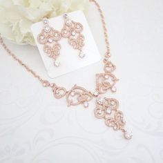 Rose Gold necklace Crystal Bridal necklace by TheExquisiteBride Rose Gold Filigree Jewelry For Wedding, Rose Gold Filigree Wedding Jewelry, Rose Gold Wedding Jewelry With Rose Design, Rose Gold Jewelry Set With Elegant Design For Gifts, Rose Gold Chandelier Earrings, Rose Gold Necklaces, Rose Gold Bridal Jewelry, Gold Necklace Wedding, Rose Gold Bridal Earrings