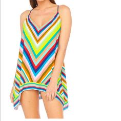 Trina Turk Aveiro Stripe Scarf Dress Swim Cover Up Dress Yellow Beach Dress For Beach Party, Yellow Beachy Dress For Beach Party, Sleeveless Swimwear With Vibrant Print For Beachwear, Multicolor Swim Dress For Poolside Summer, Multicolor Summer Swim Dress For Beach, Multicolor Summer Swim Dress For Pool, Multicolor Swim Dress For Summer Beach Party, Multicolor Summer Sundress For Party, Triangle Top Beach Party Dresses