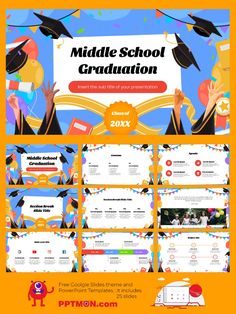 an orange and blue graduation flyer with graduates in caps, gowns and diplomas