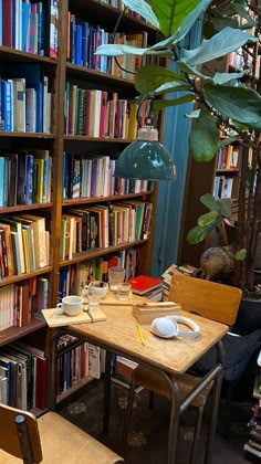 a table and chairs in front of a book shelf filled with lots of different books