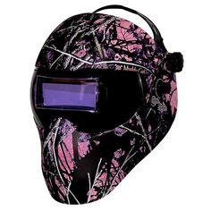 a pink and black helmet with a purple light on it