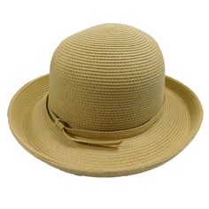 Up turned, kettle, brim hat with dome crown. Shapeable 3" wide brim. Soft cotton and polyester blend paper braid hat. Self-tie. UPF50+ sun protection hat. Packable, crushable travel hat. One size fits most. 65% paper straw, 15% polyester, 25% cotton. Lightweight Solid Color Brimmed Panama Hat, Solid Brimmed Sun Hat With Uv Protection, Solid Color Fedora Straw Hat With Uv Protection, Solid Fedora Straw Hat With Uv Protection, Uv Protection Fedora Straw Hat, Uv Protection Straw Hat With Curved Brim, Upf 50+ Straw Bucket Hat, Casual Beige Cloche Straw Hat, Solid Color Bucket Hat One Size Fits Most