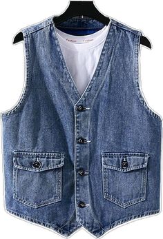 Spring Button-up Vest With Pockets, Blue Buttoned Summer Outerwear, Blue Summer Outerwear With Button Closure, Blue Denim Vest With Buttons For Fall, Blue Buttoned Vest For Fall, Blue Button-up Vest With Buttons, Spring Denim Blue Buttoned Vest, Blue Denim Vest With Buttons For Spring, Spring Blue Denim Vest With Buttons