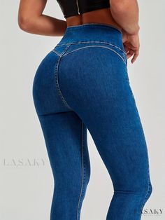 Lasaky - Womens Mid Waist Flare Leg Jeans - Single-breasted, Medium Stretch Button Fly Denim Pants - Stylish Denim Jeans & Apparel High-waist High-stretch Denim Blue Bottoms, High Waist Stretch Jeans With Buttons, High Stretch High Waist Denim Blue Bottoms, Stretch High Waist Jeans With Buttons, High Waist Jeggings With Button Closure, Stretch Denim Bottoms With Buttons, High Waist High Stretch Denim Blue Jeans, High Stretch High Waist Dark Wash Jeans, High Waist High Stretch Denim Pants