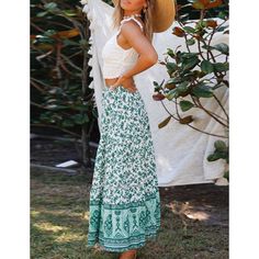 Green Floral Print Elastic Waist Pocket Midi Skirt Bohemian High Waist Maxi Skirt For Day Out, Bohemian Summer Skirt For Day Out, Green High Waist Maxi Skirt For Vacation, Green Flared Maxi Skirt For Summer, Bohemian Flared Skirt Bottoms For Summer, Bohemian High Waist Lined Maxi Skirt, Bohemian Mini Wrap Skirt For Summer, Bohemian Flared Skirt For Summer, Lined Maxi Skirt For Vacation