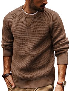 PRICES MAY VARY. Classic Design: Men waffle sweaters feature with raglan sleeve, crew neck, classic waffle textured, neckline with sweatshirt triangle design, ribbed neckline, sleeve cuffs and hemline. The classic crewneck design is easy to pair with various outfits. Dress it up with a collared shirt for a more polished look or wear it casually with jeans for a laid-back style Soft & Comfy Material: Men's pullover sweater is made of soft knitting elastic fabric, stretch, skin-friendly, warm and Brown Waffle Knit Sweater For Winter, Brown Waffle Knit Winter Sweater, Brown Crew Neck Sweater With Ribbed Neckline, Brown Sweater With Ribbed Crew Neck, Casual Brown Waffle Knit Sweater, Brown Waffle Knit Casual Sweater, Classic Waffle Knit Sweater For Fall, Winter Solid Waffle Knit Sweater, Brown Ribbed Crew Neck Sweater