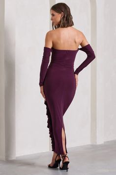 Carefully crafted in a premium stretch scuba crepe, this form-flattering plum maxi dress is a formal wardrobe must-have. Drawing attention toMontanais a large ruffle detail draped elegantly across a flattering gathered skirt. Try styling this bardot maxi dress with a pair of strappy stilettos for the perfect race day ensemble.   Features  - Premium stretch scuba crepe - Bodycon fit  - Bardot neckline  - Long sleeves - Invisible zip closure  - Gathered waist - Ruffled drape detail - Split hemline  - Maxi length    Sizing & Fit  Model is 5'8 and wears UK size 8 / US size 4   Product Information     Unlined with some stretch  Premium scuba crepe in Plum (95% Polyester, 5% Elastane)  140cm total length  SKU: CL133102101 Velvet Prom Dress, Bardot Neckline, Ruffle Maxi Dress, Black Dress Prom, Strappy Stilettos, Black Tie Gala, Christmas Party Dress, Black Velvet Dress, Invisible Zip