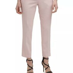 Next-Level Texturing Defines Dkny's Trim Tailored Ankle Pants With A Fresh Perspective For Professional Wear. Approx. Inseam: 28" Mid Rise Zipper With Hook-And-Eye And Button Closure At Center Front; Belt Loops Slant Pockets At Side Front; Welt Pockets At Back Polyester/Rayon/Spandex Dry Clean Imported 1212 & 1213 Pink Straight Leg Dress Pants For Formal Occasions, Tailored Pink Dress Pants For Spring, Elegant Pink Straight Leg Dress Pants, Fitted Pink Dress Pants For Summer, Tailored Pink Bottoms For Office, Pink Tailored Bottoms For Office, Spring Workwear Pink Dress Pants, Pink Fitted Office Bottoms, Spring Pink Dress Pants For Workwear