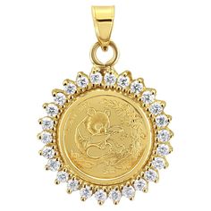 1/20OZ Panda Gold Coin Necklace with Diamond Halo 14k Yellow Gold. Embrace the beauty of the East with our exquisite Panda Gold Coin Diamond Halo Necklace, a true treasure meticulously crafted in 14k Yellow Gold. This stunning necklace showcases a captivating 1/20OZ Panda Gold Coin adorned with half a carat of dazzling natural genuine diamonds. This piece is not only an embodiment of Asian jewelry but also a cherished vintage collectors coin, symbolizing wealth and prosperity. ♥ Coin Information ♥ Coin Metal: 1/20 OZ Fine Gold .999 Denomination: 5 Yuan Country: China Obverse: Temple of Heaven structure Reverse: Image of Panda varies by year Year: Varies ♥ Pendant Information ♥ Main Stone: Diamond Approx. Diamond Carat Weight: .52cttw Diamond Clarity: SI1 Diamond Color: G/H Setting Material Necklace With Diamond, Wealth And Prosperity, Halo Necklace, Asian Jewelry, Gold Coin Necklace, Gold Coin, Coin Necklace, Stunning Necklace, Stone Cuts