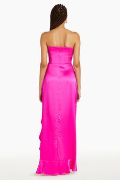 Hi-Lo Gown Strapless Ruffle Detail at Hem Invisible Zipper Seaming Detail at Bust Self: 100% Silk // Lining: 100% Polyester Dry clean only SC-20418 Black Candy Apples, Hot Pink Prom, Hot Pink Prom Dress, Prom Dresses Long Pink, Black Candy, Amanda Dress, Prom 2024, Pink Prom Dress, Pink Prom