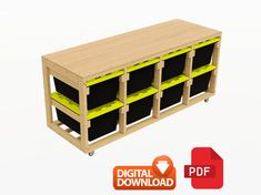 an image of a wooden shelf with bins on it and the text digital download below