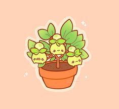 a small potted plant with green leaves and little faces on it's face