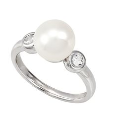 Crafted from sterling silver, this pearl ring is perfect for anyone with a June birthday. Enhanced with two white sapphires this is the perfect pearl ring you've been searching for. Elegant White Sterling Silver Birthstone Ring, White Pearl Drop Ring For Anniversary, Sterling Silver Pearl Ring With Polished Finish For Anniversary, Classic Pearl Rings In Diamond White, Classic Sterling Silver Pearl Drop Ring, Classic Pearl Promise Ring With Center Stone, White Diamond Ring With Pearl Drop For Anniversary, Elegant Pearl Ring With Bezel Setting For Formal Occasions, Elegant Pearl Ring With Bezel Setting For Formal Events