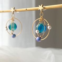 Gold Space-themed Earrings Gift, Space-themed Gold Earrings Gift, Handmade Space-themed Earrings For Gift, Handmade Space-themed Earrings As Gift, Space-themed Dangle Jewelry Gift, Space-themed Drop Earrings As Gift, Handmade Space-themed Dangle Jewelry, Space Core, Planet Earrings