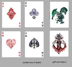 four cards with different designs on them, each one has an image of a dragon