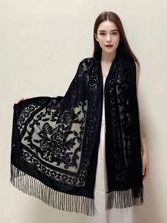 Color: Black Features: Warming, Softness, Skin-friendly Style: Witchy Pattern Type: Plants Type: Scarf, Shawls Product Technique: Jacquard Element: Plants Material: Polyester Composition: 100% Polyester Witchy Shawl, Lana Del Rey Aesthetics, Witchy Pattern, Fancy Shawl, Velvet Fringe, Winter Accessories Fashion, Elegant Shawl, Women Scarves, Fringe Scarf