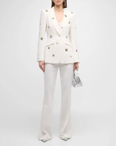 Cinq à Sept 'Cheyenne' signature blazer showcases embroidered gold-tone crystal and pearly brooches.Notched lapels.Long sleeves.Five-button cuffs.Decorative front flap pockets.Back vent.Tailored fit.Falls below the hips.Single button closure Triacetate/polyester Dry clean Imported Model is 5'10'/177cm. White Embellished Blazer For Party, White Embellished Party Blazer, Elegant Embellished Evening Suits, Elegant Embellished Suits For Evening, Designer Tailored Embellished Blazer, Luxury Embellished Blazer With Notch Lapel, Designer Embellished Tailored Blazer, Designer Embellished Evening Blazer, Elegant White Embellished Blazer