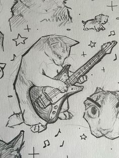 a drawing of cats and dogs playing guitar