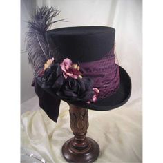 2975 Mad Hatter Black With Plum - Roses And Teacups Karneval Diy, Moda Steampunk, Steampunk Hats, Mad Hatter Hats, Mini Top Hats, Steampunk Top Hat, Tea Hats, Mad Hatter Hat, Victorian Hats