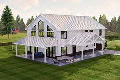 this is an artist's rendering of a modern farmhouse style home with large porches