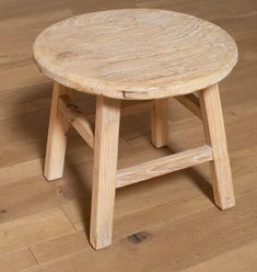 a wooden stool sitting on top of a hard wood floor