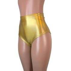 Our classic high waist hot pants with scrunch ruching detail in back to offer a "cheekier" look. These hot pants are made of stretchy gold opal holographic spandex and sit high on your natural waist. Wear as a bikini bathing suit bottom, panties, rave shorts, running shorts, etc. They have a built in liner and are made to be flattering to your figure. Stretch Shiny High Waist Pants, High Waist Stretch Shiny Pants, Gold Fitted Bottoms For Club Wear, Gold Fitted Bottoms For Club, Fitted Gold Bottoms For Club Wear, Shiny Stretch Bottoms For Summer, Gold Stretch Bottoms For Party, Gold Stretch Shiny Bottoms, Fitted Metallic Shiny Bottoms