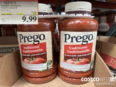 two jars of prego traditional italian tomato sauce on the shelf in a grocery store