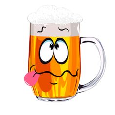 a beer mug with a face drawn on it's side and tongue sticking out