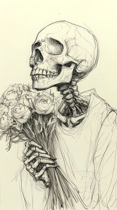 a drawing of a skeleton holding flowers