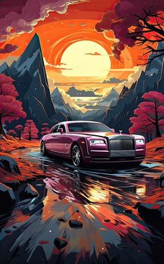 a painting of a rolls royce parked on the side of a mountain road at sunset