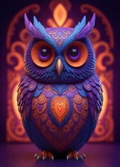 an owl sitting on top of a purple table