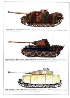 two tanks with numbers on them are shown in three different positions, one is camouflaged