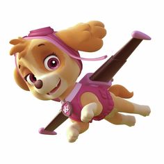 a cartoon dog flying through the air with a stick in it's mouth and wearing a pink outfit