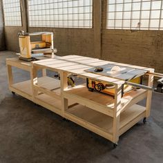 a workbench with tools on it in an industrial building or workshop, ready to be built