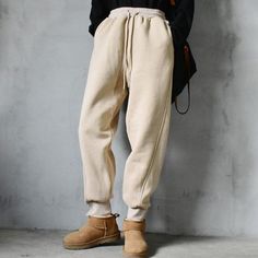 Fall Ankle-length Sweatpants With Elastic Cuffs, Baggy Drawstring Pants For Winter, Trendy Straight Sweatpants For Winter, Winter Baggy Pants With Drawstring, Fall Ankle-length Sweatpants With Drawstring, Leisure Drawstring Bottoms For Winter, Wide Leg Drawstring Joggers For Fall, Winter Bottoms With Drawstring Relaxed Fit, Beige Leisure Pants For Fall