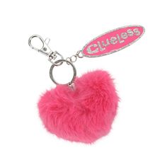 a pink furry heart shaped keychain with the word cletos on it