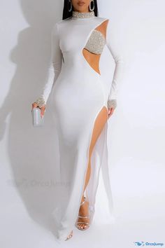 OrcaJump - Seductive Evening Bodycon Dresses with Turtleneck and Hollow Out Front White Bodycon Maxi Dress For Party, Hot Party Dresses, Bodycon Evening Dress, White Evening Dress, Straight Fit Denim, Exclusive Dress, Half Sleeve Dresses, Bodycon Maxi Dresses, Maxi Dress Wedding