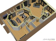 an overhead view of a floor plan for a house with two living areas and kitchen