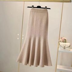 Olivia Mark - Knitted Midi Skirt with Cross Front Design and Bodycon Fit Knitted Long Skirt, Mermaid Tail Skirt, Knitted Midi Skirt, Knit Dress Pattern, High Waist Long Skirt, Fishtail Skirt, Trumpet Skirt, Knit Midi Skirt, Long Skirts For Women