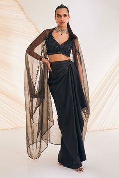 Sheer Cape Outfit, Satin Draped Skirt, Sundowner Party Outfits Women, Types Of Capes, Divya Aggarwal, Black Indian Outfit, Cocktail Outfits For Women, Cape Organza, Dhoti Skirt