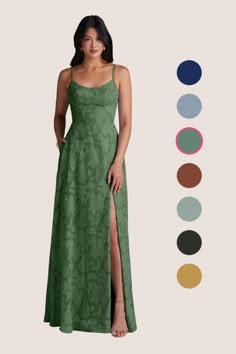 a woman in a long green dress with different color options for the skirt and side slit